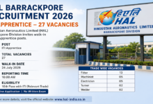 Walk-in recruitment for 27 ITI apprentice posts at HAL Barrackpore on July 24.